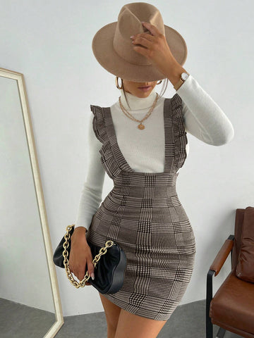 Women Autumn Plaid Splice Ruffle Hem Fitted Elegant Jumper Dress