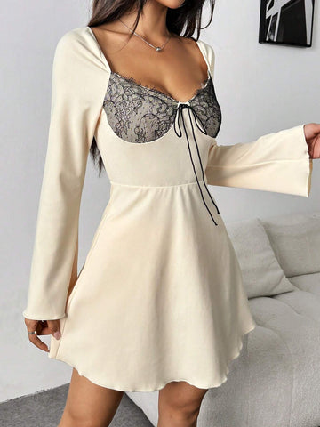 Women Bell Sleeve Tie-Waist Ruffle Sweetheart Neck Mini Dress