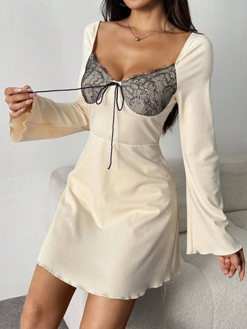 Women Bell Sleeve Tie-Waist Ruffle Sweetheart Neck Mini Dress