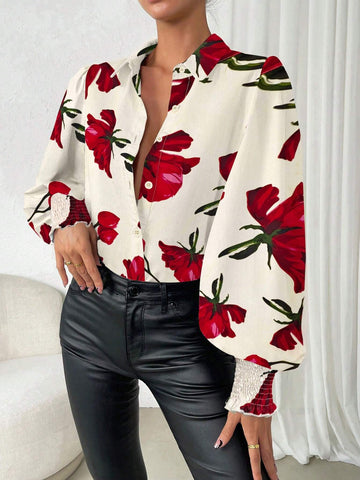 Privé Women Button Front Long Sleeve Floral Print Casual Top, For Daily Wear