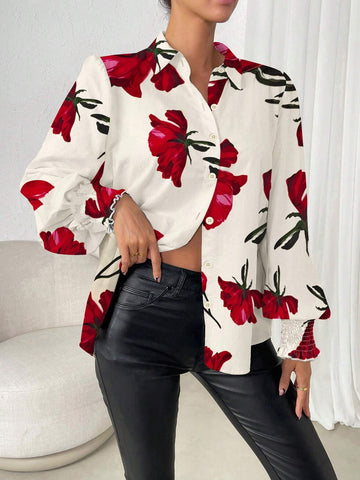 Privé Women Button Front Long Sleeve Floral Print Casual Top, For Daily Wear