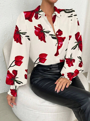 Privé Women Button Front Long Sleeve Floral Print Casual Top, For Daily Wear