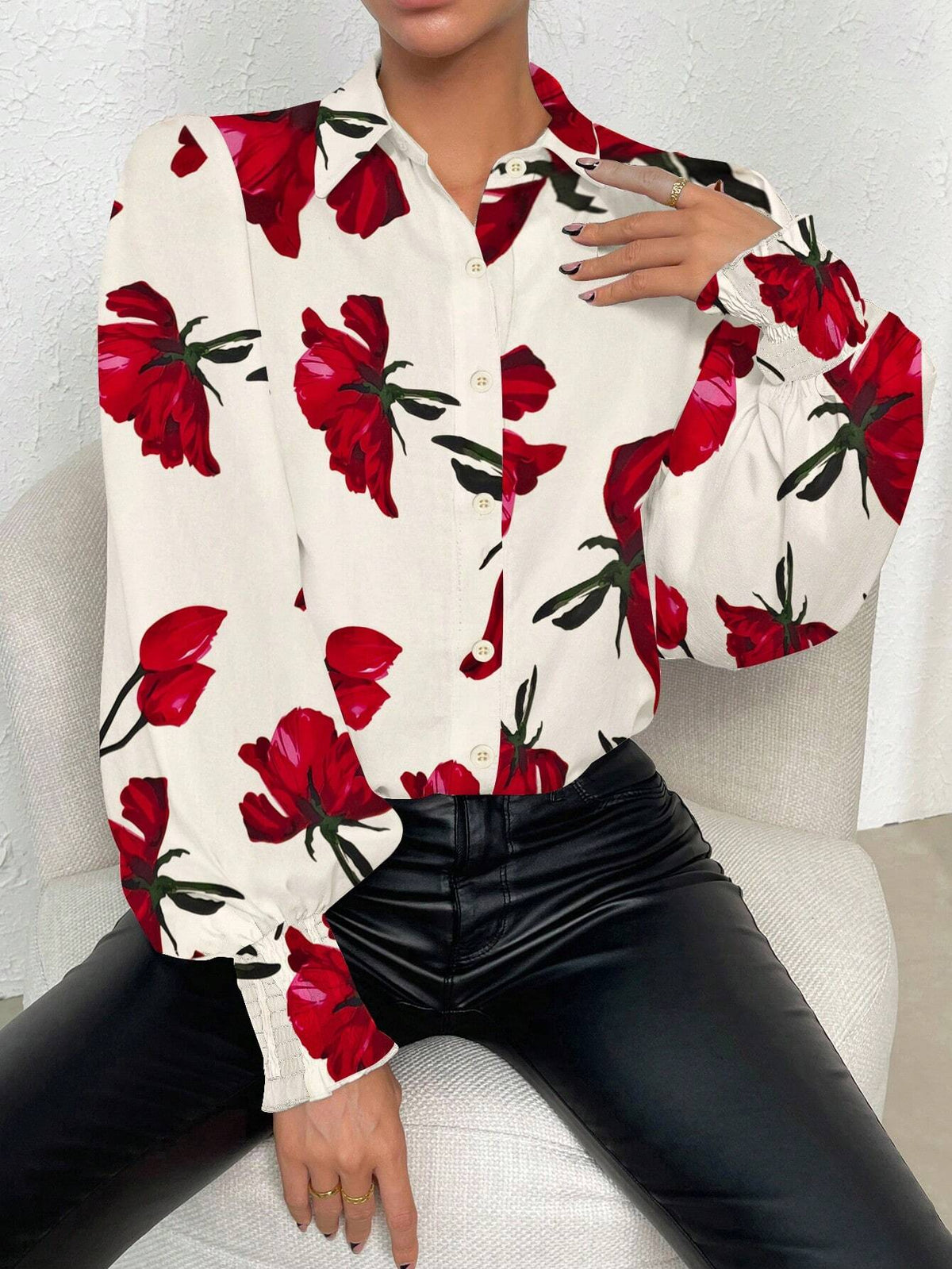 Privé Women Button Front Long Sleeve Floral Print Casual Top, For Daily Wear