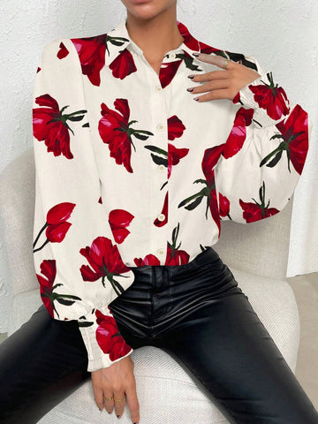 Privé Women Button Front Long Sleeve Floral Print Casual Top, For Daily Wear