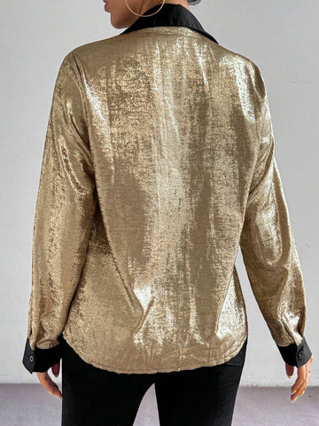 Privé Women Casual Elegant Button Front Loose Colorblock Long Sleeve Blouse, Autumn