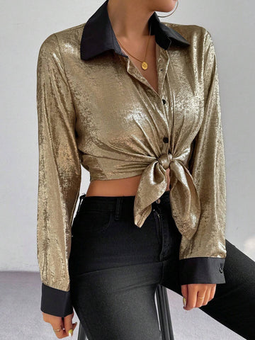 Privé Women Casual Elegant Button Front Loose Colorblock Long Sleeve Blouse, Autumn