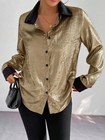 Privé Women Casual Elegant Button Front Loose Colorblock Long Sleeve Blouse, Autumn