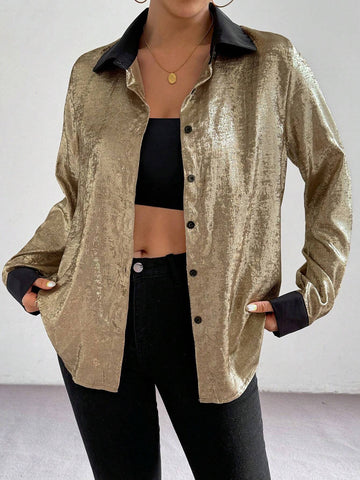 Privé Women Casual Elegant Button Front Loose Colorblock Long Sleeve Blouse, Autumn