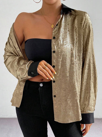 Privé Women Casual Elegant Button Front Loose Colorblock Long Sleeve Blouse, Autumn