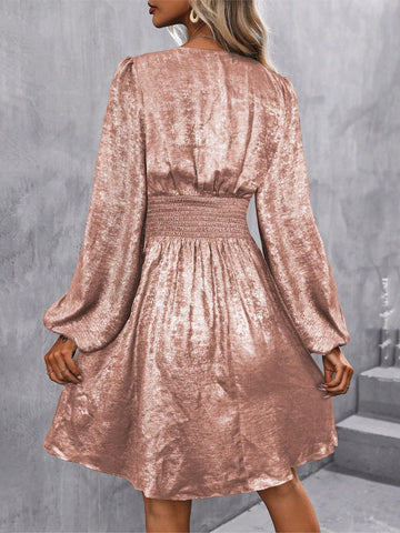 Women Casual Metallic Accent Waist Lantern Sleeve Dress, Autumn