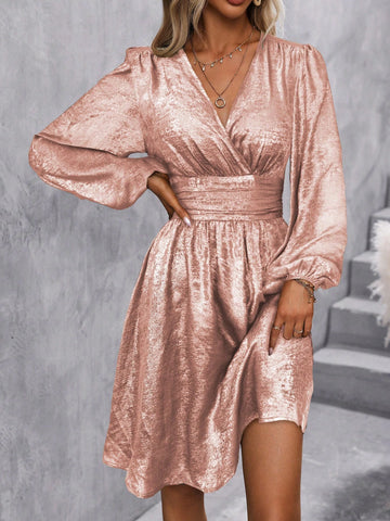 Women Casual Metallic Accent Waist Lantern Sleeve Dress, Autumn