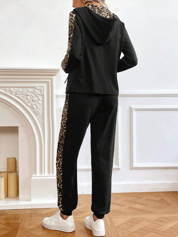Women Casual Sporty Style Leopard Print Zip Up Hoodie And Jogger Sweatpants Set