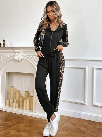 Women Casual Sporty Style Leopard Print Zip Up Hoodie And Jogger Sweatpants Set