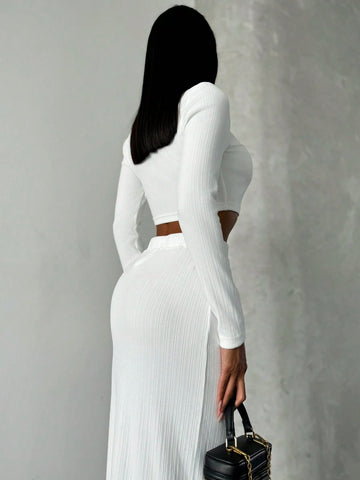 Women Casual Square Neck Long Sleeve Fitted Top & Long Skirt Set