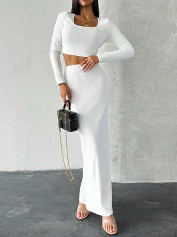 Women Casual Square Neck Long Sleeve Fitted Top & Long Skirt Set