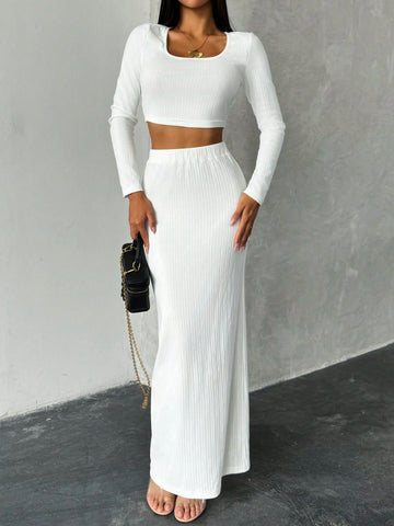 Women Casual Square Neck Long Sleeve Fitted Top & Long Skirt Set