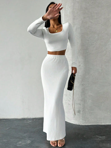 Women Casual Square Neck Long Sleeve Fitted Top & Long Skirt Set
