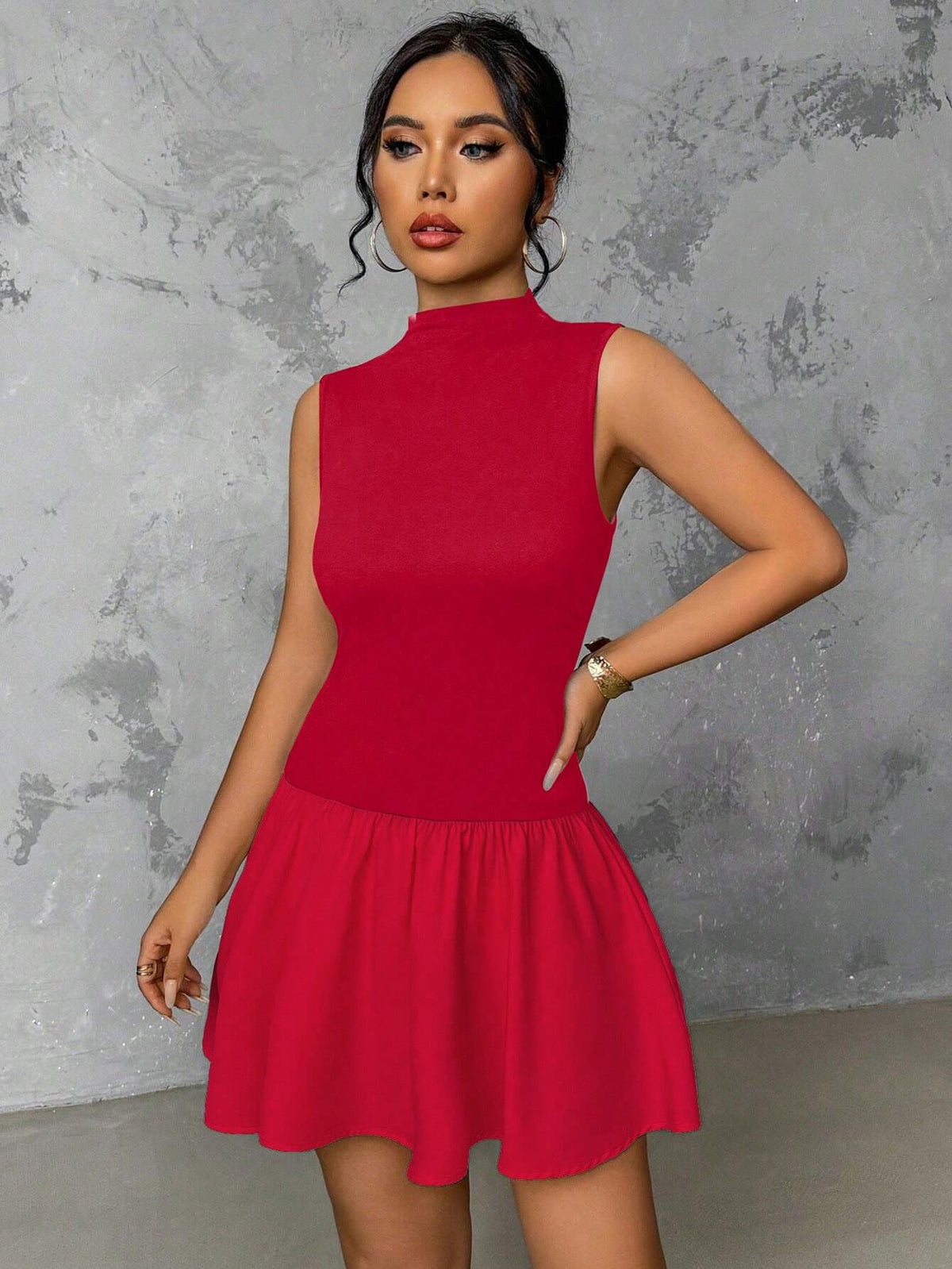 Women Casual Stand Collar Ruffle Hem Cinched Waist Short Dress