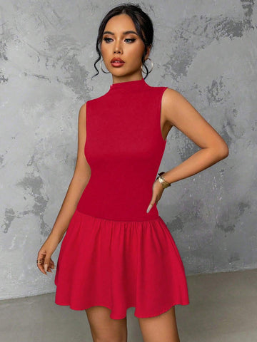 Women Casual Stand Collar Ruffle Hem Cinched Waist Short Dress