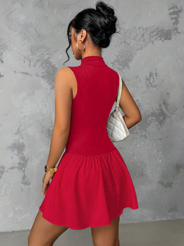 Women Casual Stand Collar Ruffle Hem Cinched Waist Short Dress