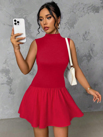 Women Casual Stand Collar Ruffle Hem Cinched Waist Short Dress