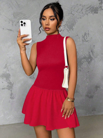 Women Casual Stand Collar Ruffle Hem Cinched Waist Short Dress