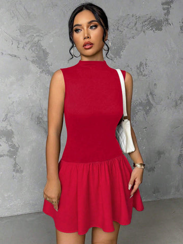 Women Casual Stand Collar Ruffle Hem Cinched Waist Short Dress