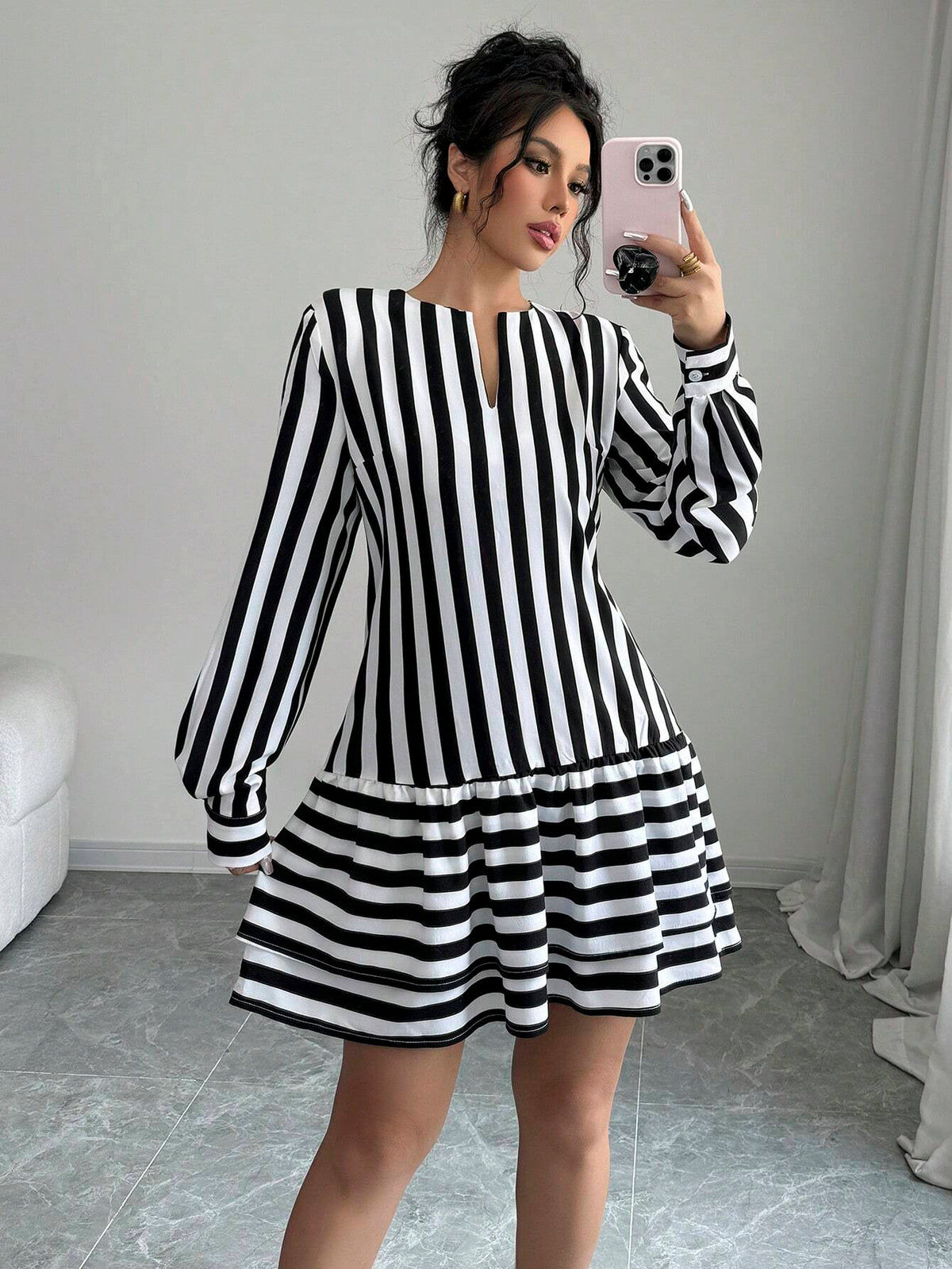 Women Casual Striped Print Cutout Neckline Lantern Sleeve Ruffle Hem Mini Dress