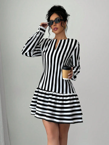 Women Casual Striped Print Cutout Neckline Lantern Sleeve Ruffle Hem Mini Dress