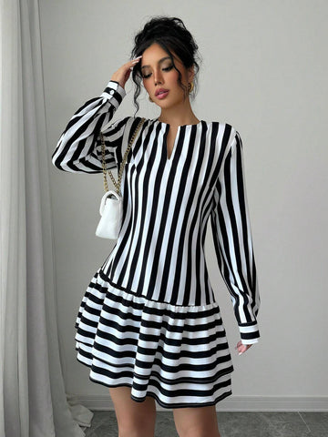 Women Casual Striped Print Cutout Neckline Lantern Sleeve Ruffle Hem Mini Dress