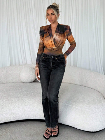 Women Casual Tie-Dye Ruched Form-Fitting Short Sleeve Bodysuit For Autumn And Winter