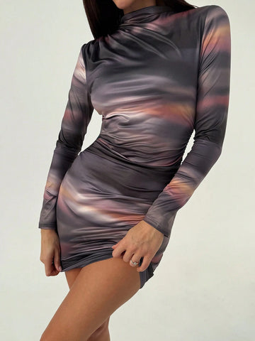 Women Chic Elegant Commuter Street Fashion Tie Dye & Marble Print Ruched Bodycon Long