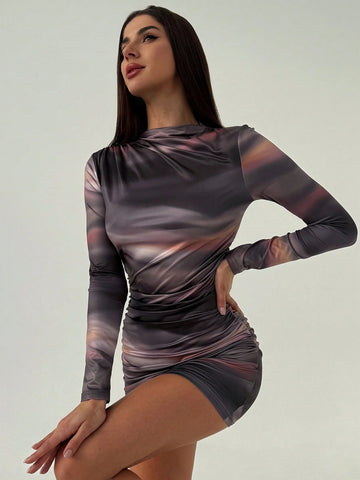 Women Chic Elegant Commuter Street Fashion Tie Dye & Marble Print Ruched Bodycon Long