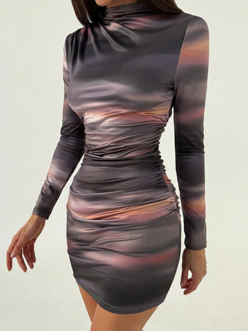 Women Chic Elegant Commuter Street Fashion Tie Dye & Marble Print Ruched Bodycon Long