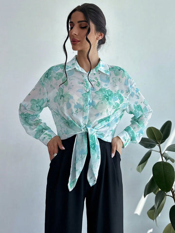 Privé Women Chiffon Floral Printed Tie Front Sheer Beach Vacation Shirt