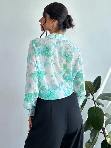 Privé Women Chiffon Floral Printed Tie Front Sheer Beach Vacation Shirt