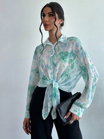 Privé Women Chiffon Floral Printed Tie Front Sheer Beach Vacation Shirt