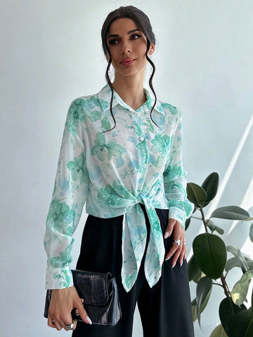 Privé Women Chiffon Floral Printed Tie Front Sheer Beach Vacation Shirt