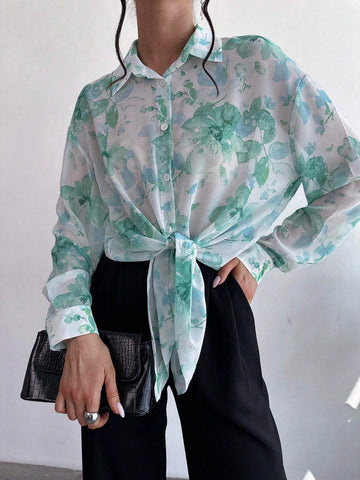 Privé Women Chiffon Floral Printed Tie Front Sheer Beach Vacation Shirt