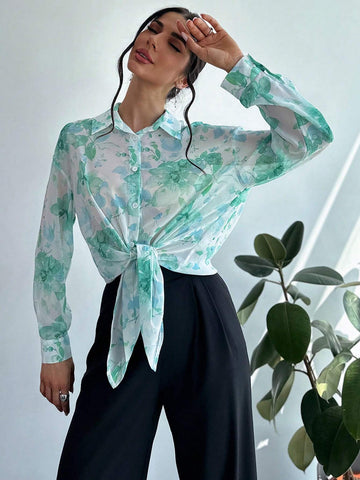 Privé Women Chiffon Floral Printed Tie Front Sheer Beach Vacation Shirt