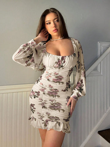 Women Christmas & Valentine's Day Party Pleated Romantic Elegant Printed Dress