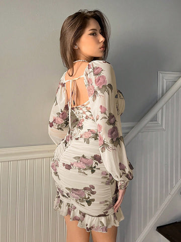 Women Christmas & Valentine's Day Party Pleated Romantic Elegant Printed Dress