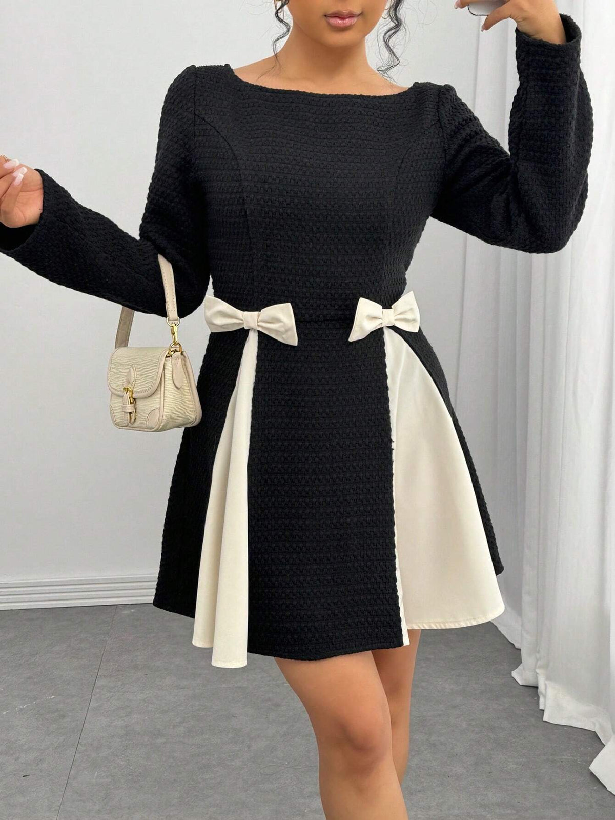 Women Colorblock Long Sleeve Casual Mini Dress, Minimalist Fashion For Everyday Wear