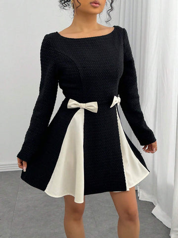 Women Colorblock Long Sleeve Casual Mini Dress, Minimalist Fashion For Everyday Wear
