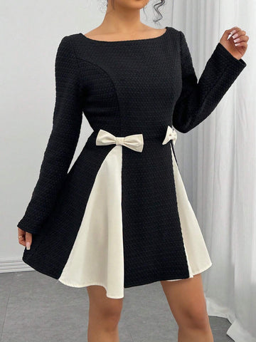 Women Colorblock Long Sleeve Casual Mini Dress, Minimalist Fashion For Everyday Wear