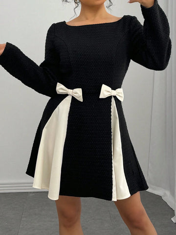 Women Colorblock Long Sleeve Casual Mini Dress, Minimalist Fashion For Everyday Wear