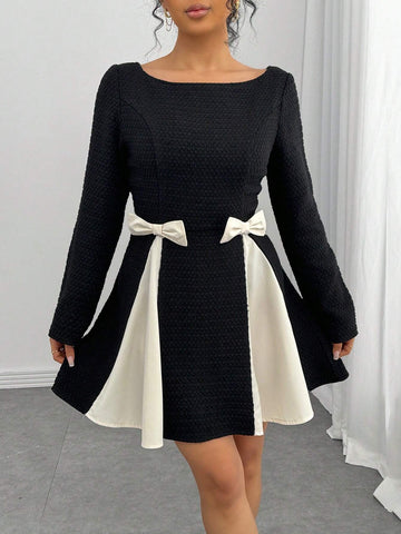 Women Colorblock Long Sleeve Casual Mini Dress, Minimalist Fashion For Everyday Wear