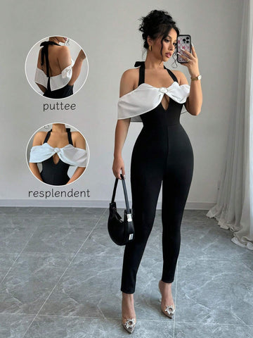 Women Contrast Color Halter Backless Sexy Jumpsuit