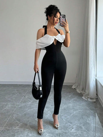 Women Contrast Color Halter Backless Sexy Jumpsuit