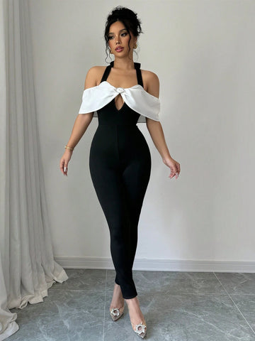 Women Contrast Color Halter Backless Sexy Jumpsuit